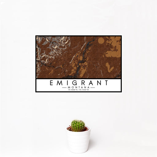 12x18 Emigrant Montana Map Print Landscape Orientation in Ember Style With Small Cactus Plant in White Planter