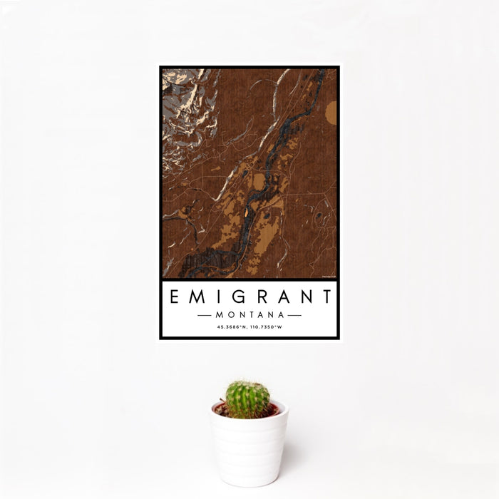12x18 Emigrant Montana Map Print Portrait Orientation in Ember Style With Small Cactus Plant in White Planter
