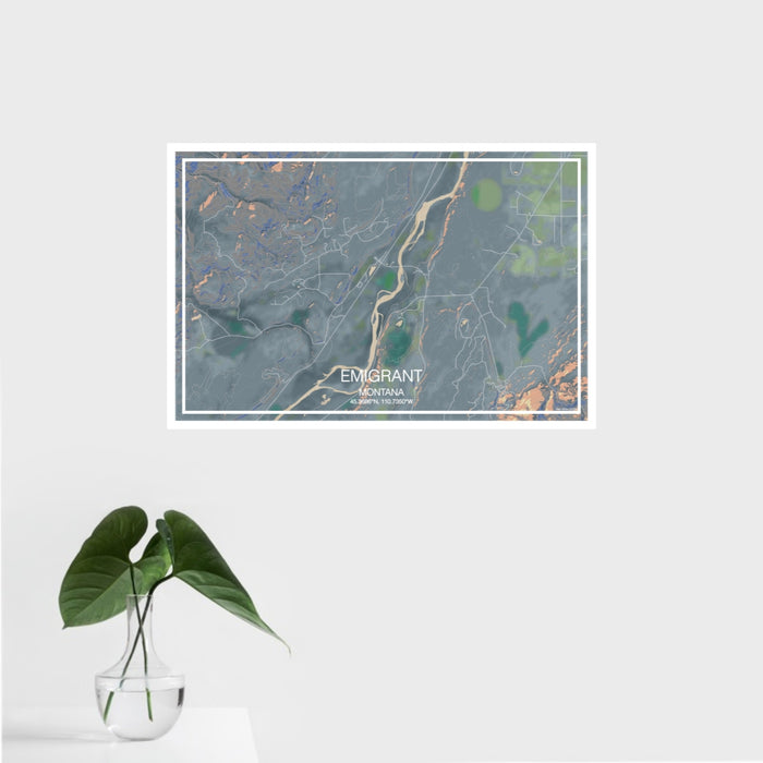 16x24 Emigrant Montana Map Print Landscape Orientation in Afternoon Style With Tropical Plant Leaves in Water