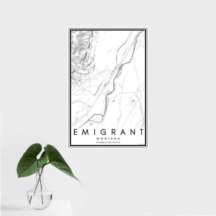 16x24 Emigrant Montana Map Print Portrait Orientation in Classic Style With Tropical Plant Leaves in Water