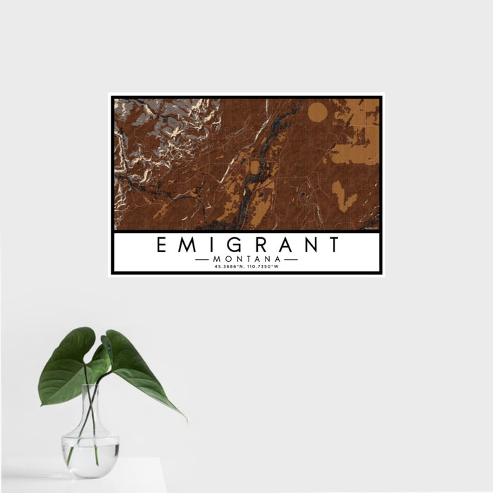 16x24 Emigrant Montana Map Print Landscape Orientation in Ember Style With Tropical Plant Leaves in Water