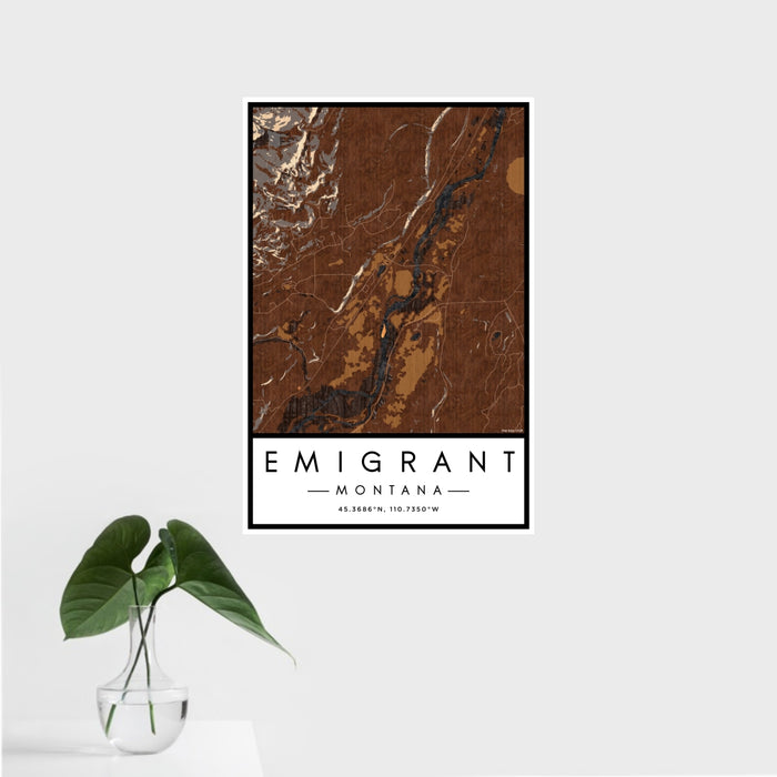 16x24 Emigrant Montana Map Print Portrait Orientation in Ember Style With Tropical Plant Leaves in Water