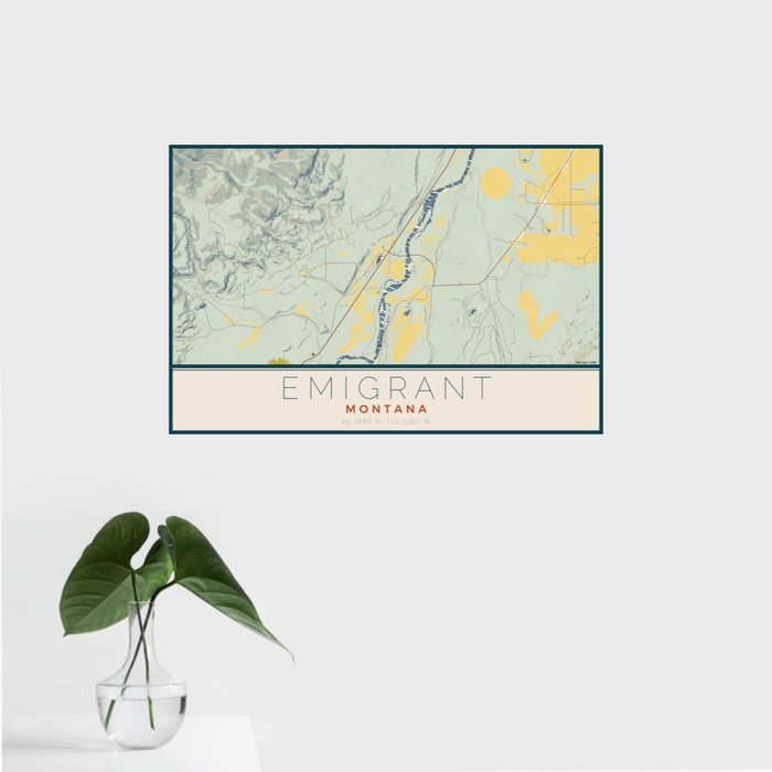 16x24 Emigrant Montana Map Print Landscape Orientation in Woodblock Style With Tropical Plant Leaves in Water
