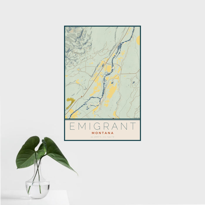 16x24 Emigrant Montana Map Print Portrait Orientation in Woodblock Style With Tropical Plant Leaves in Water