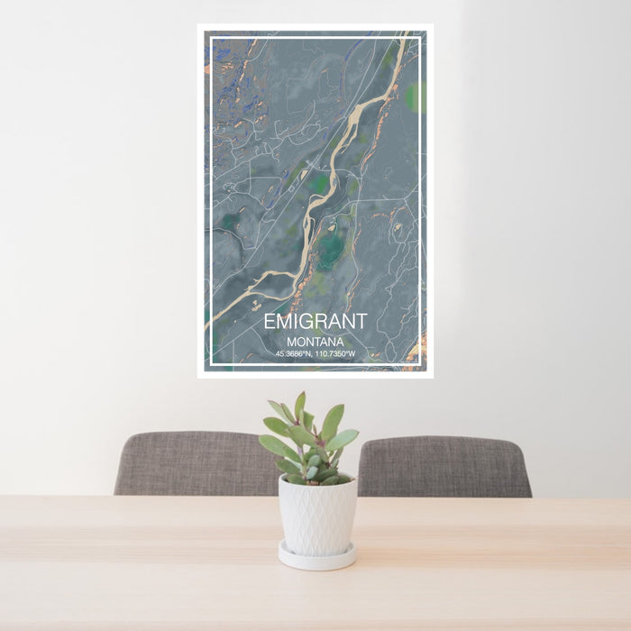 24x36 Emigrant Montana Map Print Portrait Orientation in Afternoon Style Behind 2 Chairs Table and Potted Plant