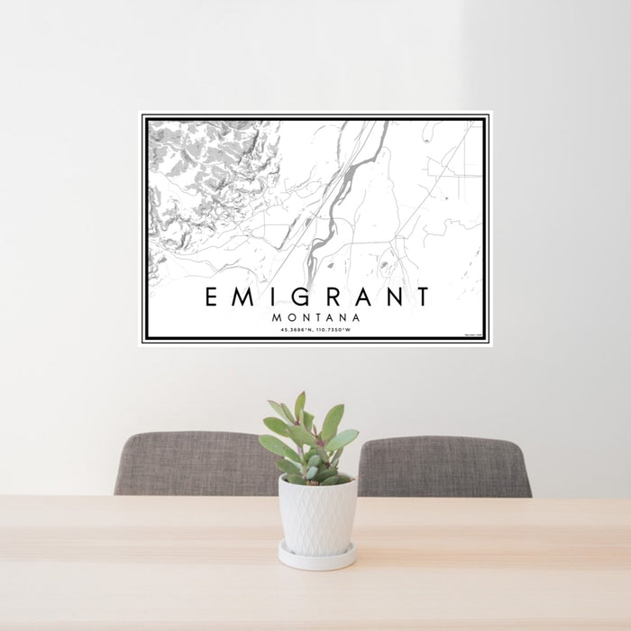 24x36 Emigrant Montana Map Print Landscape Orientation in Classic Style Behind 2 Chairs Table and Potted Plant