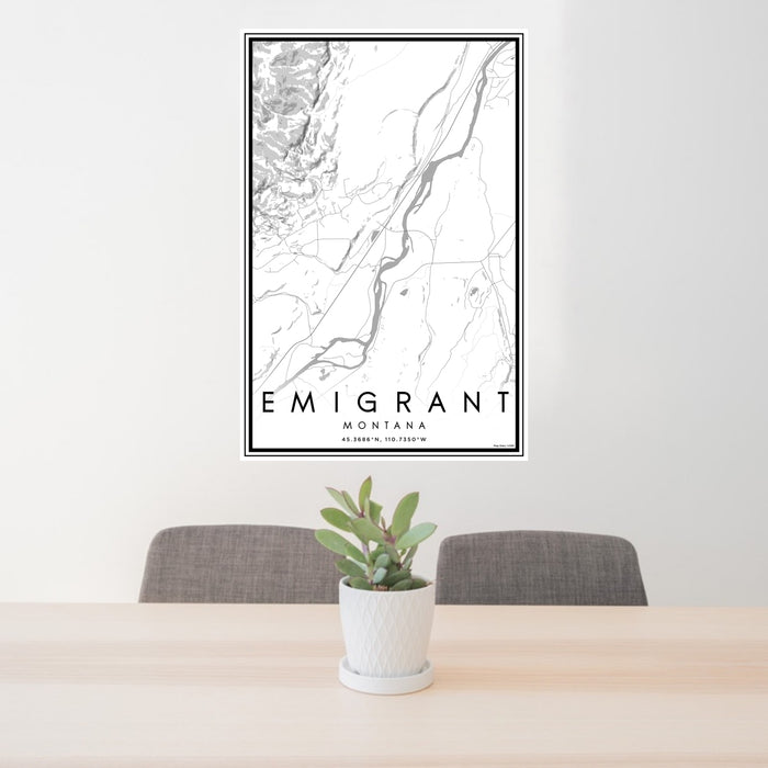 24x36 Emigrant Montana Map Print Portrait Orientation in Classic Style Behind 2 Chairs Table and Potted Plant