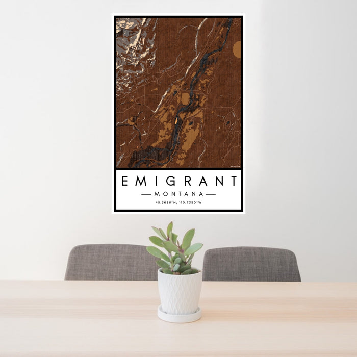 24x36 Emigrant Montana Map Print Portrait Orientation in Ember Style Behind 2 Chairs Table and Potted Plant