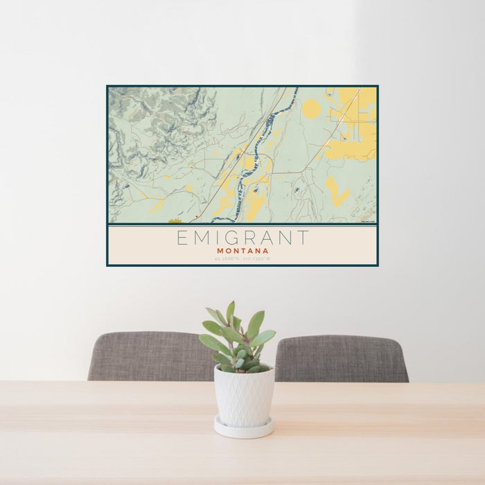 24x36 Emigrant Montana Map Print Landscape Orientation in Woodblock Style Behind 2 Chairs Table and Potted Plant