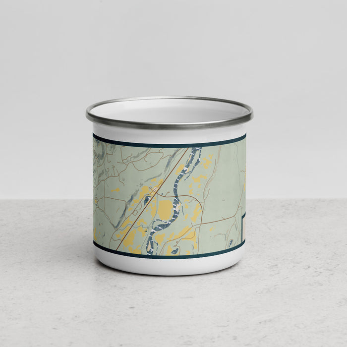 Front View Custom Emigrant Montana Map Enamel Mug in Woodblock