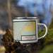 Right View Custom Emigrant Montana Map Enamel Mug in Woodblock on Grass With Trees in Background