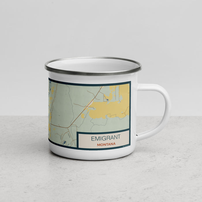 Right View Custom Emigrant Montana Map Enamel Mug in Woodblock
