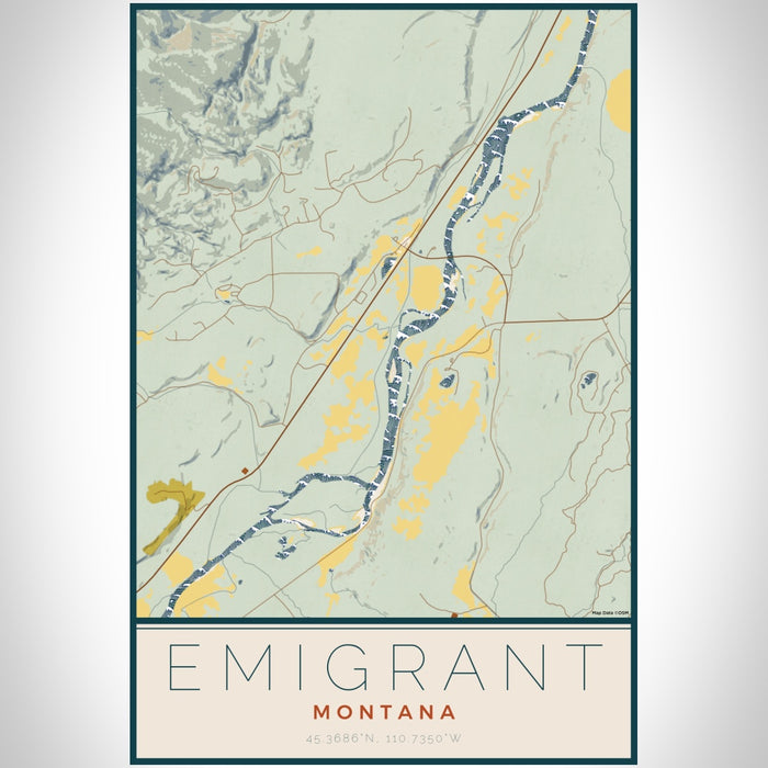 Emigrant Montana Map Print Portrait Orientation in Woodblock Style With Shaded Background