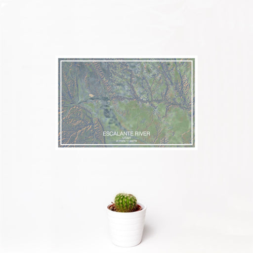12x18 Escalante River Utah Map Print Landscape Orientation in Afternoon Style With Small Cactus Plant in White Planter
