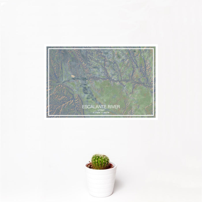 12x18 Escalante River Utah Map Print Landscape Orientation in Afternoon Style With Small Cactus Plant in White Planter