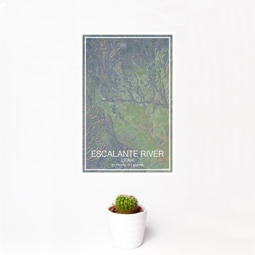 12x18 Escalante River Utah Map Print Portrait Orientation in Afternoon Style With Small Cactus Plant in White Planter