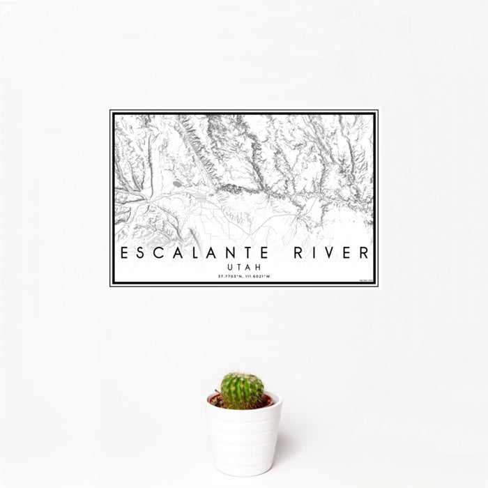 12x18 Escalante River Utah Map Print Landscape Orientation in Classic Style With Small Cactus Plant in White Planter