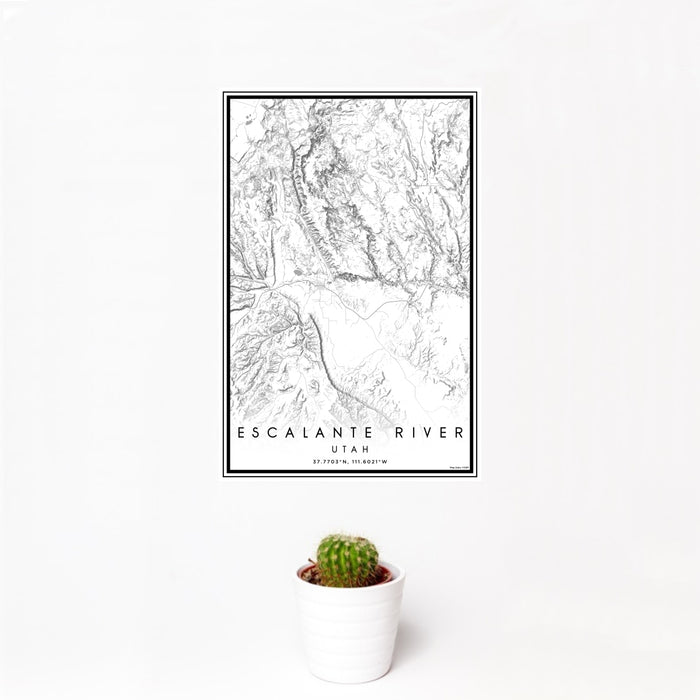 12x18 Escalante River Utah Map Print Portrait Orientation in Classic Style With Small Cactus Plant in White Planter