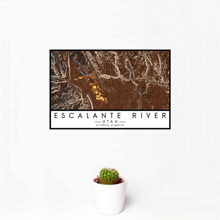 12x18 Escalante River Utah Map Print Landscape Orientation in Ember Style With Small Cactus Plant in White Planter