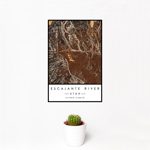 12x18 Escalante River Utah Map Print Portrait Orientation in Ember Style With Small Cactus Plant in White Planter