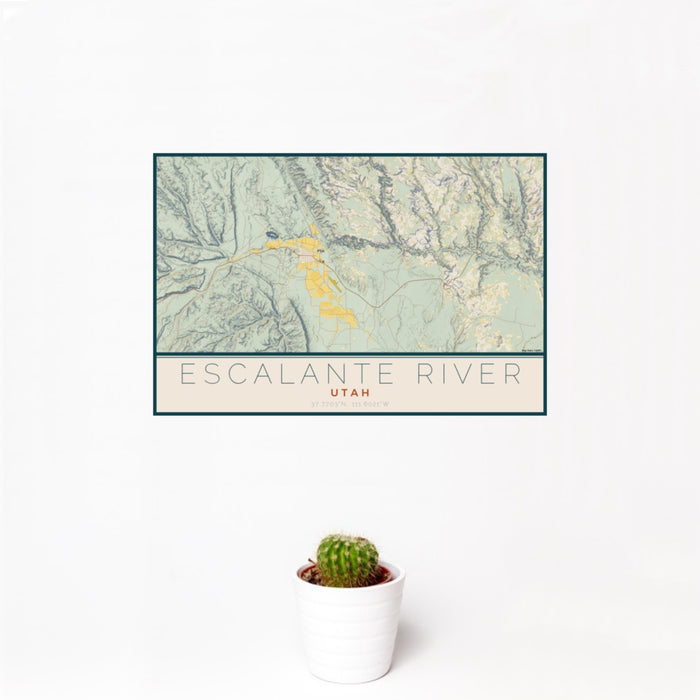 12x18 Escalante River Utah Map Print Landscape Orientation in Woodblock Style With Small Cactus Plant in White Planter