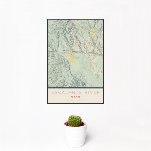 12x18 Escalante River Utah Map Print Portrait Orientation in Woodblock Style With Small Cactus Plant in White Planter