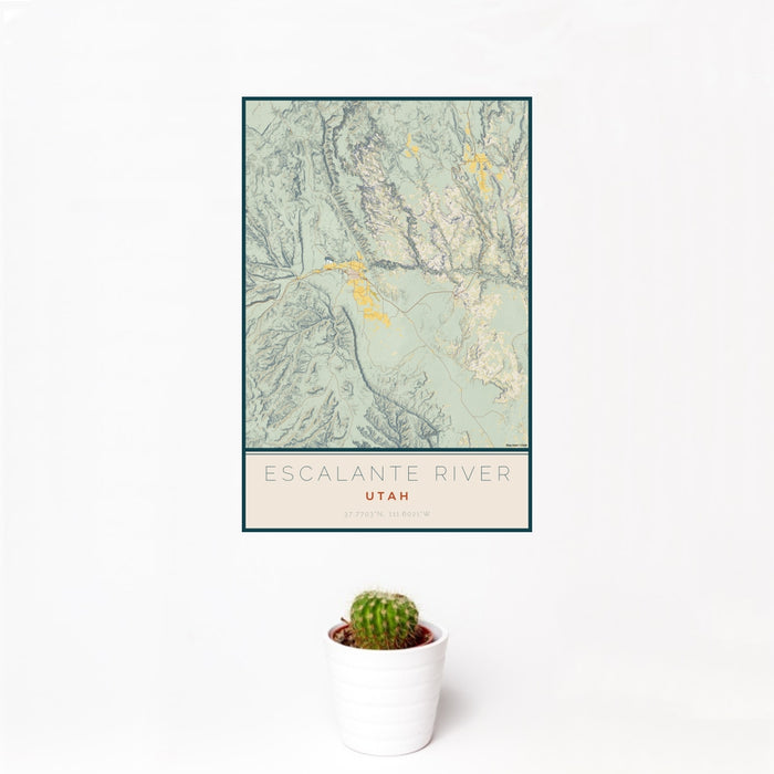 12x18 Escalante River Utah Map Print Portrait Orientation in Woodblock Style With Small Cactus Plant in White Planter