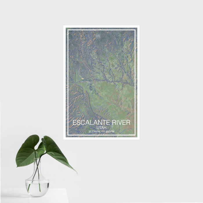 16x24 Escalante River Utah Map Print Portrait Orientation in Afternoon Style With Tropical Plant Leaves in Water