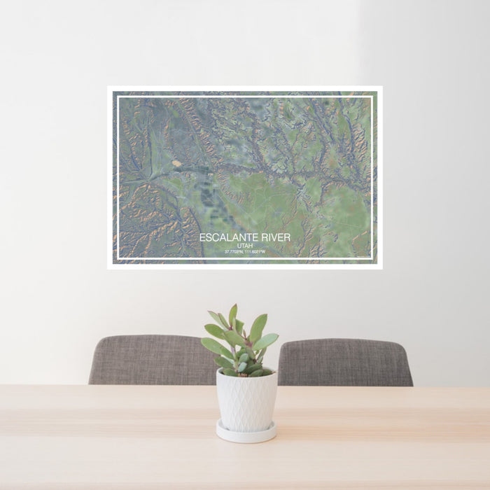 24x36 Escalante River Utah Map Print Landscape Orientation in Afternoon Style Behind 2 Chairs Table and Potted Plant