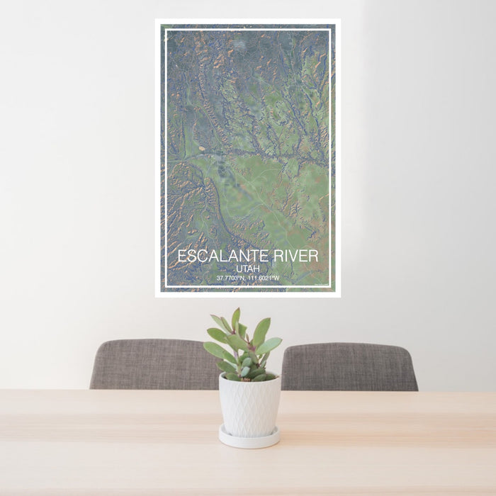 24x36 Escalante River Utah Map Print Portrait Orientation in Afternoon Style Behind 2 Chairs Table and Potted Plant
