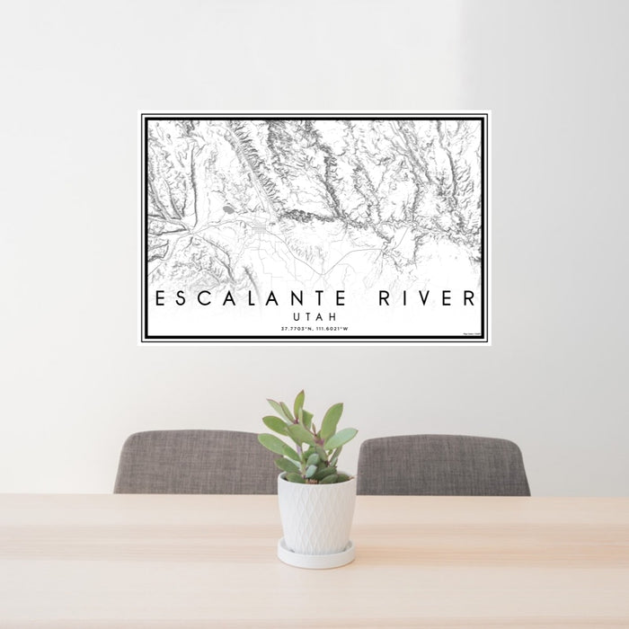 24x36 Escalante River Utah Map Print Landscape Orientation in Classic Style Behind 2 Chairs Table and Potted Plant