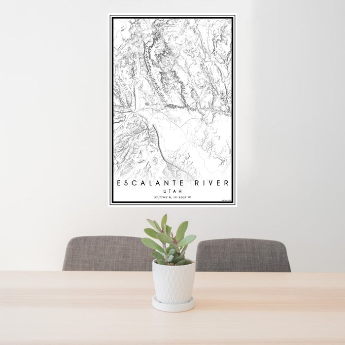 24x36 Escalante River Utah Map Print Portrait Orientation in Classic Style Behind 2 Chairs Table and Potted Plant