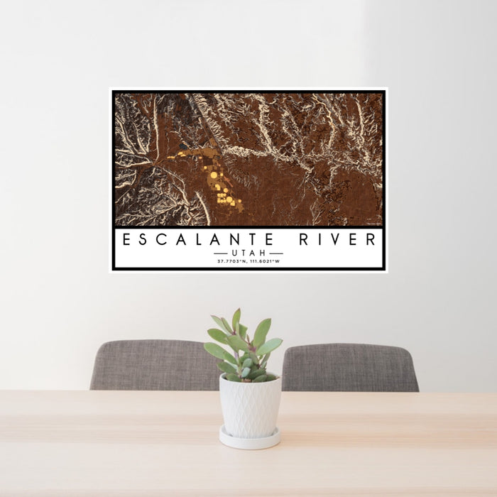 24x36 Escalante River Utah Map Print Landscape Orientation in Ember Style Behind 2 Chairs Table and Potted Plant