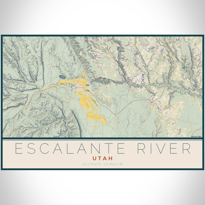 Escalante River Utah Map Print Landscape Orientation in Woodblock Style With Shaded Background