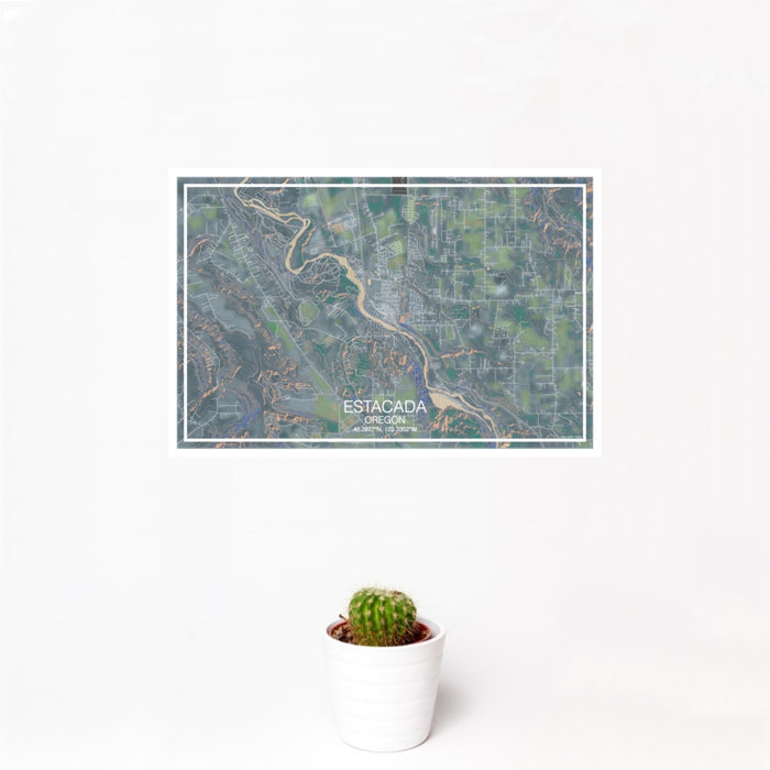 12x18 Estacada Oregon Map Print Landscape Orientation in Afternoon Style With Small Cactus Plant in White Planter