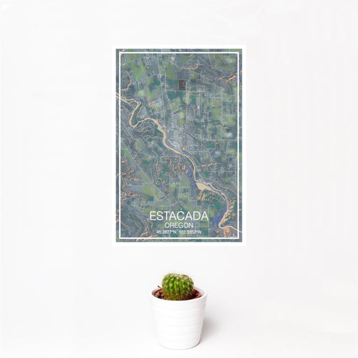 12x18 Estacada Oregon Map Print Portrait Orientation in Afternoon Style With Small Cactus Plant in White Planter