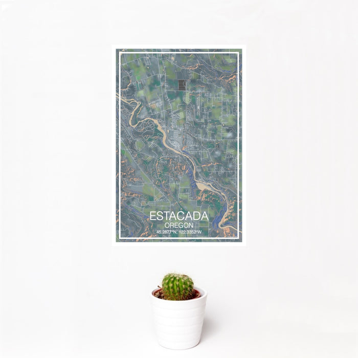 12x18 Estacada Oregon Map Print Portrait Orientation in Afternoon Style With Small Cactus Plant in White Planter