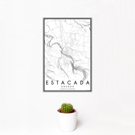 12x18 Estacada Oregon Map Print Portrait Orientation in Classic Style With Small Cactus Plant in White Planter