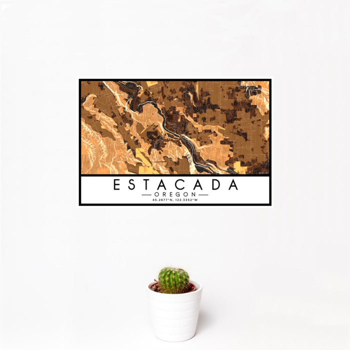 12x18 Estacada Oregon Map Print Landscape Orientation in Ember Style With Small Cactus Plant in White Planter