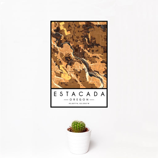 12x18 Estacada Oregon Map Print Portrait Orientation in Ember Style With Small Cactus Plant in White Planter
