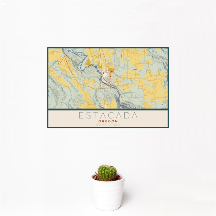 12x18 Estacada Oregon Map Print Landscape Orientation in Woodblock Style With Small Cactus Plant in White Planter