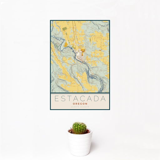 12x18 Estacada Oregon Map Print Portrait Orientation in Woodblock Style With Small Cactus Plant in White Planter