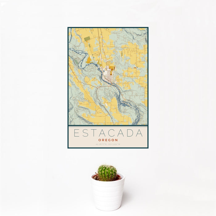 12x18 Estacada Oregon Map Print Portrait Orientation in Woodblock Style With Small Cactus Plant in White Planter