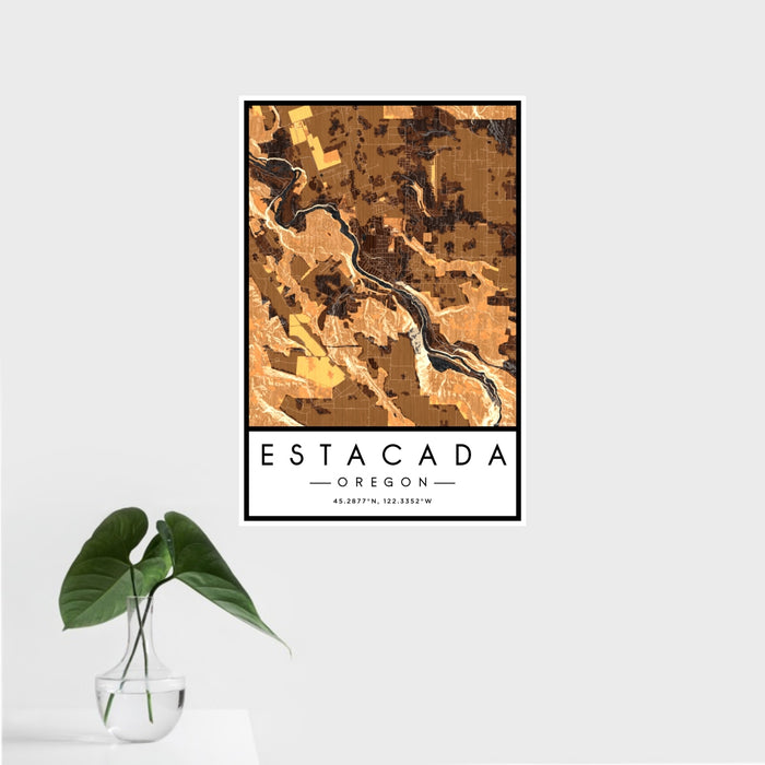 16x24 Estacada Oregon Map Print Portrait Orientation in Ember Style With Tropical Plant Leaves in Water