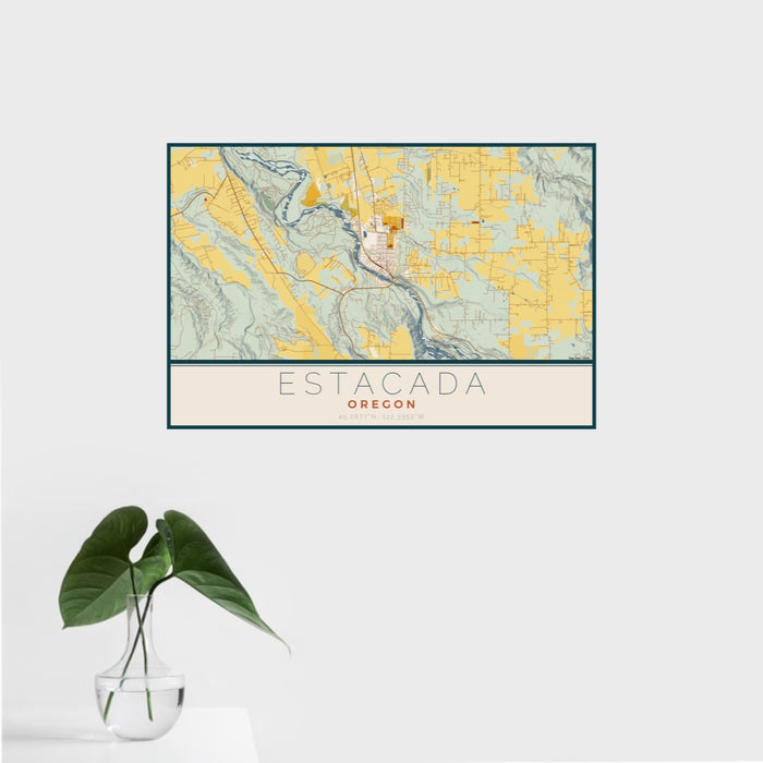 16x24 Estacada Oregon Map Print Landscape Orientation in Woodblock Style With Tropical Plant Leaves in Water