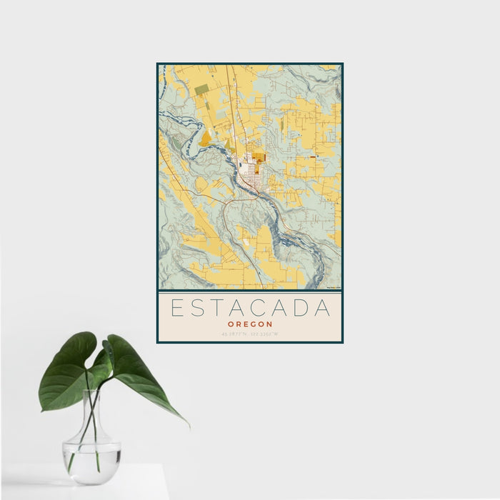 16x24 Estacada Oregon Map Print Portrait Orientation in Woodblock Style With Tropical Plant Leaves in Water