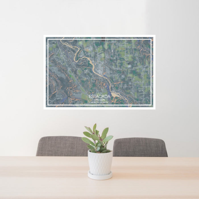 24x36 Estacada Oregon Map Print Lanscape Orientation in Afternoon Style Behind 2 Chairs Table and Potted Plant