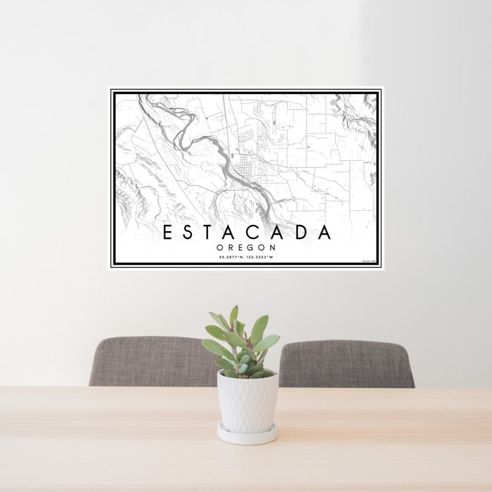 24x36 Estacada Oregon Map Print Lanscape Orientation in Classic Style Behind 2 Chairs Table and Potted Plant