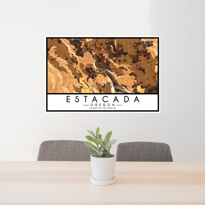 24x36 Estacada Oregon Map Print Lanscape Orientation in Ember Style Behind 2 Chairs Table and Potted Plant