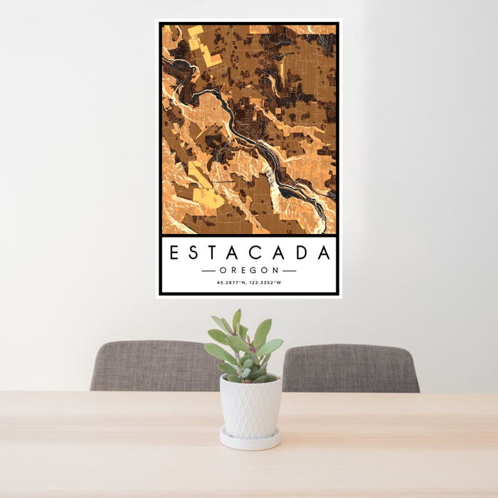 24x36 Estacada Oregon Map Print Portrait Orientation in Ember Style Behind 2 Chairs Table and Potted Plant